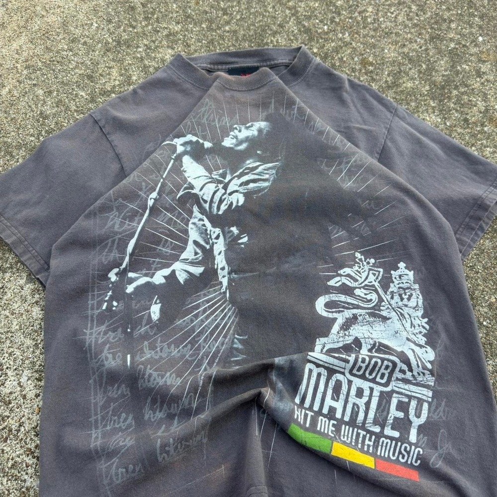 Vintage Y2K Zion Bob Marley Hit Me With Music Band Tee Faded Black Medium g2b